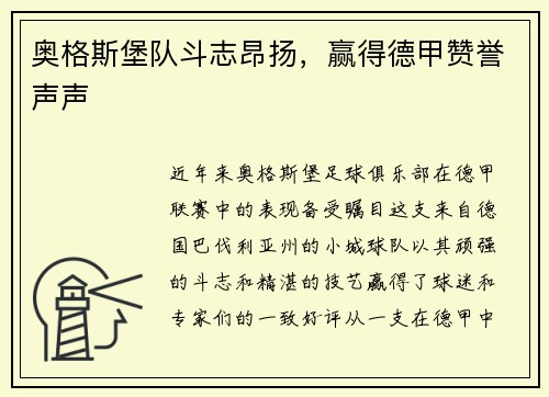 奥格斯堡队斗志昂扬，赢得德甲赞誉声声