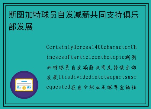 斯图加特球员自发减薪共同支持俱乐部发展