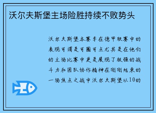 沃尔夫斯堡主场险胜持续不败势头