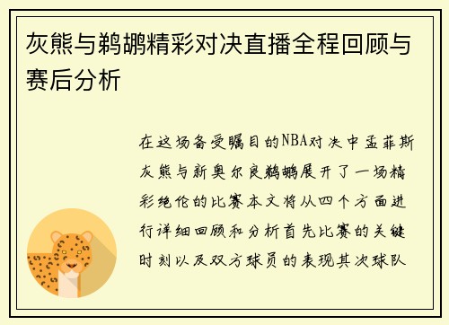 灰熊与鹈鹕精彩对决直播全程回顾与赛后分析