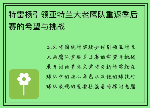 特雷杨引领亚特兰大老鹰队重返季后赛的希望与挑战