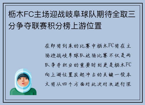 枥木FC主场迎战岐阜球队期待全取三分争夺联赛积分榜上游位置