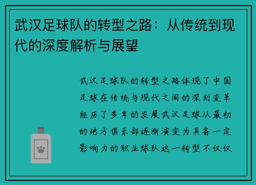 武汉足球队的转型之路：从传统到现代的深度解析与展望